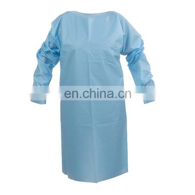 Factory direct supply blue isolation gown laminated PP PE with knitted cuff and ties EN13795