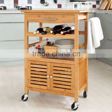 OPX new design 100% Bamboo 3 tiers Kitchen Trolley with wheel Kitchen Storage Rack with Cabinet