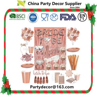 Ningbo PartyKing Rose Gold Foil Party Supplies Paper Tableware Pink Striped Dessert Plates Drinking Straws Cups Party Napkins Balloons