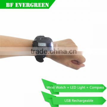 Portable LED 4 Mode 200 Lms Rechargeable USB Wrist Watch/Light Black