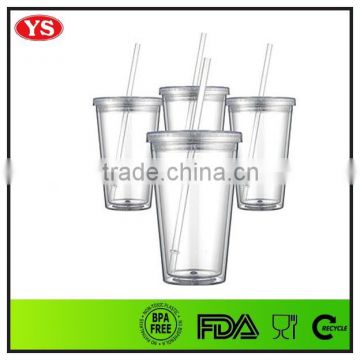 promotional 16 ounce bpa free transparent double wall mug with straw
