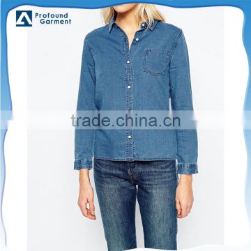 Wholesale OEM custom lightblue denim tops long sleev women fashion blouse shirts