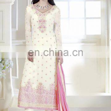 Cream Colored Faux Georgette Embroidered Suit.