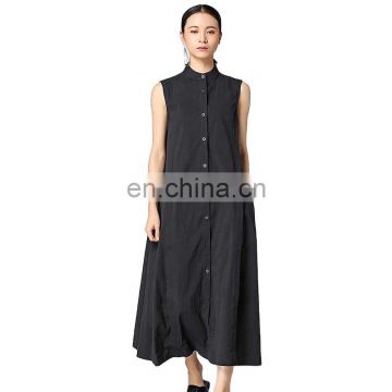 TWOTWINSTYLE Patchwork Ruched Women's Dress Stand Collar Sleeveless Tank Pockets Loose Summer Midi Dresses