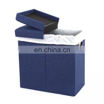 RTS high quality  modern  Customized Faux Linen fabric Navy folding laundry basket for dirty clothes