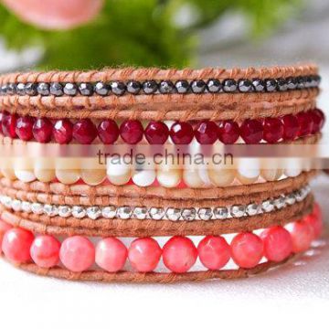 Pink Peach and Coral bead Wrap leather bracelet