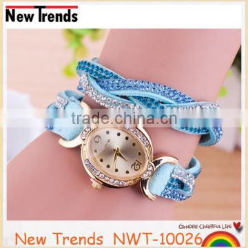 Wholesale fashion leather weaved bracelet watch rhinestone crystal watch