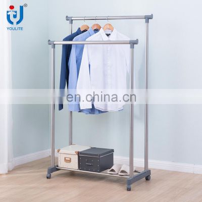 Adjustable double pole steel clothes hanger with wheels