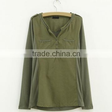 Cheap OEM ladies plain long T shirt deep v-neck with buttons linen and cotton T shirt design