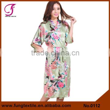 0112 Woman Peacock Printed Dressing Gown Silk Kimono Style Robe