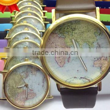 2015 New World Map Globe Fashion Leather Band Womens Analog Quartz Wristwatch Gift Watches
