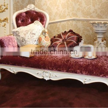 French Elegant Style Wooden Living Room Chaise Lounge/ Antique Purple Fabric Carving Reclining Chair