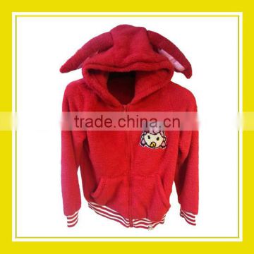 2016 Fashion Products Bros Baby Rinne Terry Cloth Women Long Sleeve Red Fluffy Zippered Hoodie with Rabbit Ears