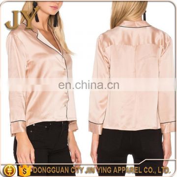 Pink Silk Satin Blouse For Women Smart Casual Wear Pajamas Style Long Sleeve T-Shirt