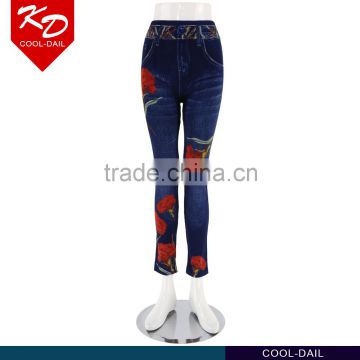 Floral print fit and flare embroidered waist jeans for women OEM service