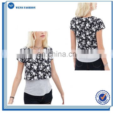 False Two-Pieces Floral Printing Short-Slevees T Shirt for Girls
