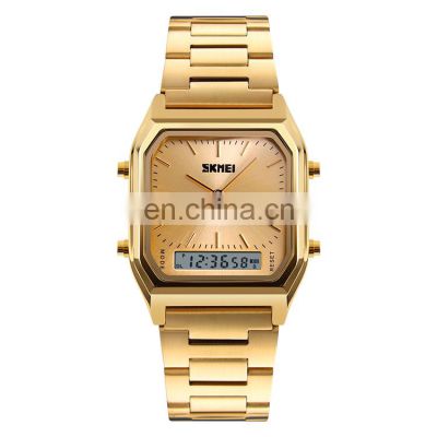 Digital analog stainless steel band waterproof gold plated wrist watches skmei 1220