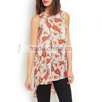 Fashion Trendy Floral Print Dip Hem Shell loose Top clothes women summer 2015 alibaba china