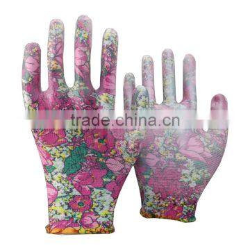 NMSAFETY 13g polyester liner flower print PU glove /safety work gloves good quality