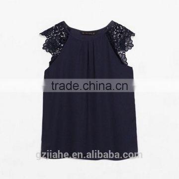 New Women Fashion Summer Lace Floral Hollow Splice Sleeveless Chiffon Blouses