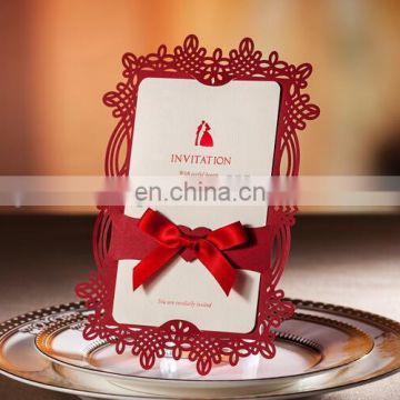 Unique 062 red laser cut decoration wedding invitation card with ribbon