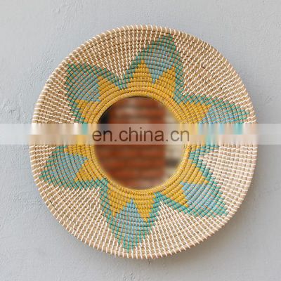 Flower Pattern Custom Color Seagrass Boho Mirror With Plastic String Wall Mirror Decor Art Decor Manufacturer Vietnam Supplier