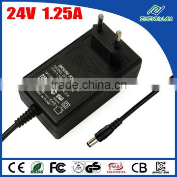 220VAC to 24VDC power supply 24V 1.25A wall mount adapter with CE KC certification