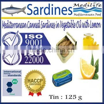 Mediterranean Canned Sardines in Vegetable Oil with lemon ,High Quality canned Sardines Oil 125 g