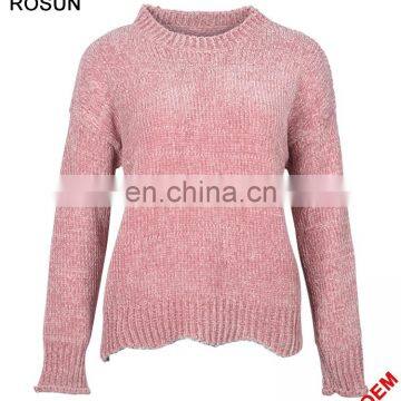 Girl pink crew neck drop shoulder wool sweater