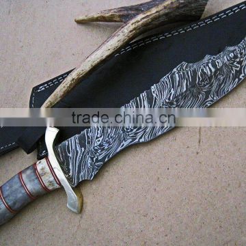 A BRILIANT SHAPE WITH COLORED CAMEL BONE HANDLE DAMASCUS STEEL BOWIE KNIFE
