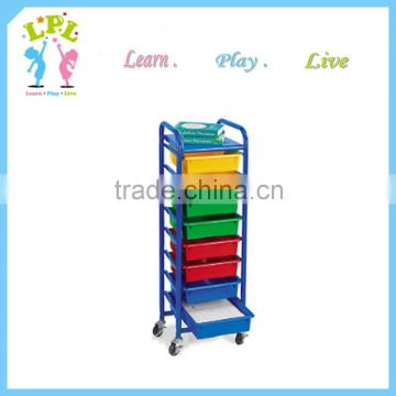 Preschool equipment storage cart with 8 drawers and storage shelf