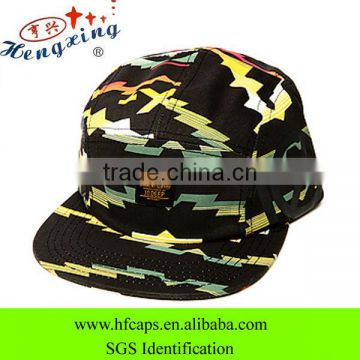 Black 5 panel cap hip hop printed pattern cap custom flat brim 5 panel plain cap