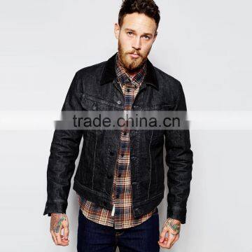 latest design black plain collar with fur jacket two pocket for men