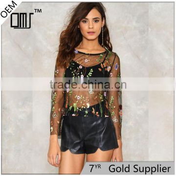 Sexy mesh embroidered blouse lady latest fashion design top