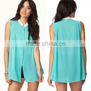 hot selling latest designed studded flat collar sleeveless plain blue chiffon tunic wholesale women fashion chiffon blouse