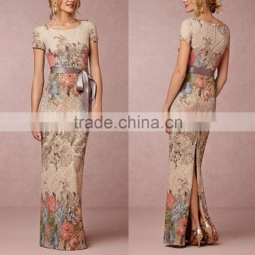 High quality europ foil textures floral print vintage formal evening maxi dress with ribbon