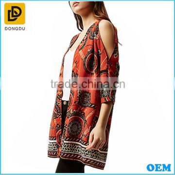OEM customized design orange print split back cut out shoulder kraft kimono cardigan for ladies