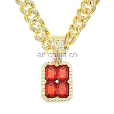 Ruanbo  Bling Rhinestone Golden Finish Miami Cuban Link Chain Necklace with Zircon Pendant Men's Hip hop Necklace Jewelry