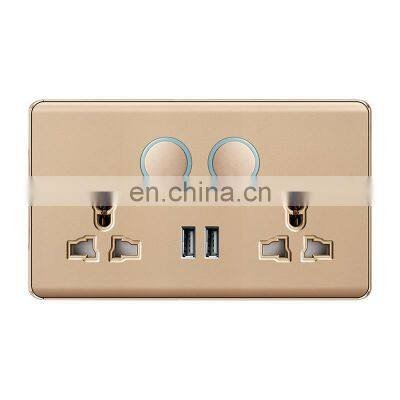 Universal Double 3 pin Wall Socket With Circular Switch Flame retardant PC Socket and Switch Electrical Metal Frame With USB