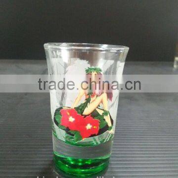 Decaled Transparent Mini Shot Spray Bottom Glass Cup With Anger Design