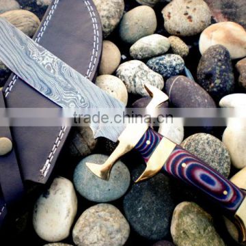udk h2" custom handmade Damascus hunting knife with brass clips and colored sheet