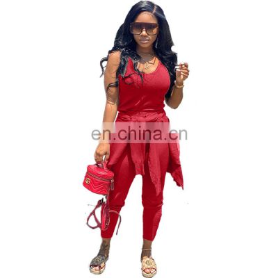 Clothing wholesale custom fashion casual 3-piece sexy sports solid color sleeveless pencil pants suit plus size
