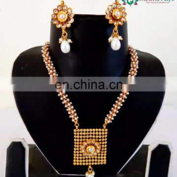 Indian one gram gold plated necklace set - Traditional polki jeweller - Wholesale wedding wear pearl necklace set - pendant set