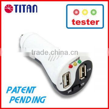2ports USB car charger 2 in 1 charger and battery tester