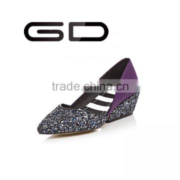 New styles low chunky heel shoes Sequined pointed toe paillette ladies shoes Fancy colorant match casual shoes