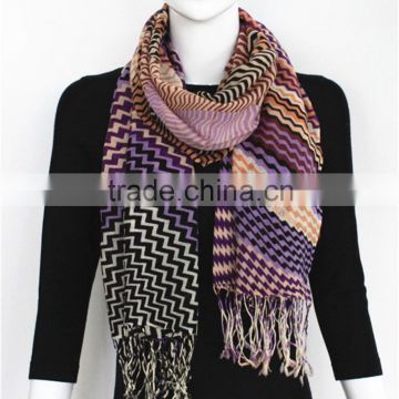 Zigzag Printed Multicolor Scarf with Fringe