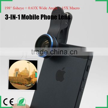 For iPhone 6 Lens 198 degree fisheye lens clip 0.63x wide-angle 15x macro 3in1 camera lens kit 2016 new products