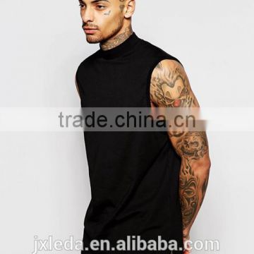OEM customize men summer longline sleeveless turtle neck black plain t-shirt