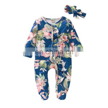 new fashion Baby Girl Boy Romper Winter Autumn Newborn Infant Footed Sleeper Romper Headband Floral Jumpsuit Outfits