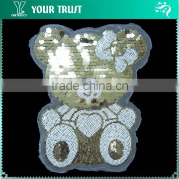 Ribbon Sitting Heart Bear Gold Sequin Bead Applique Patches